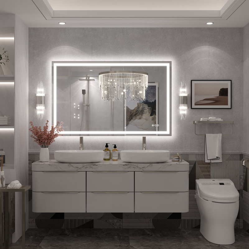 Molly Framelss or Framed LED Anti-Fog Tempered Glass Wall Bathroom Vanity Mirror - UL Certified, 48" x 30", Clear