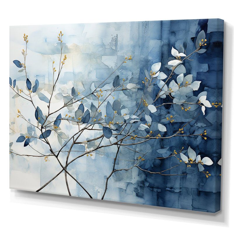 Art mural bleu et gris sur une branche I - Feuilles, H 30 po x l 40 po x P 1,5 po, Toile tendue