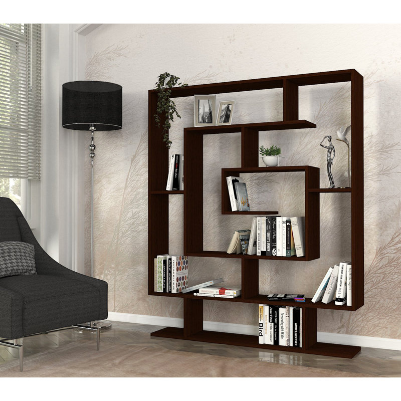 Modern Wenge Bookshelf with Wall-Mount Option, 49.2 x 58.7 x 8.7 inches | 100% Melamine Coated Particle Board, 0.7 inches Thick | Numerous Shelves, 44 lbs Capacity per Shelf | Stylish Geometric Design for Home & Office Storage