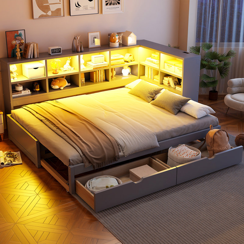 Twin XL to King Daybed with Storage Drawers, Cabinets, LED Lights & USB Charging Station, Gray, Gray