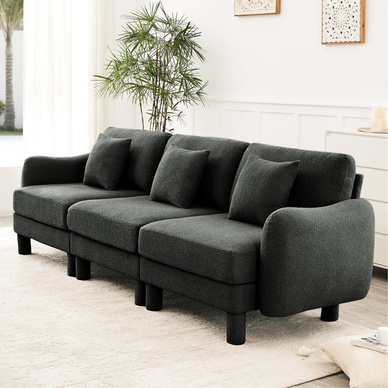 3 Dark Grey Boucle Fabric Couch With Distinctive Shell-shaped And Cylindrical Legs, Modern Style For Home Office, Strong Wooden Frame Support, Soft Upholstery Comfortable Relaxation Elegant Design