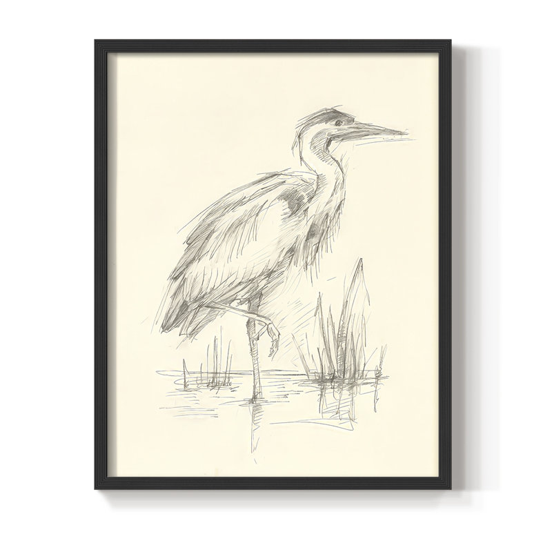 «Waterbird S Croquis», reproduction d'art encadrée - bois massif, Noir, noir, noir, noir, H 11 po x l 9 po
