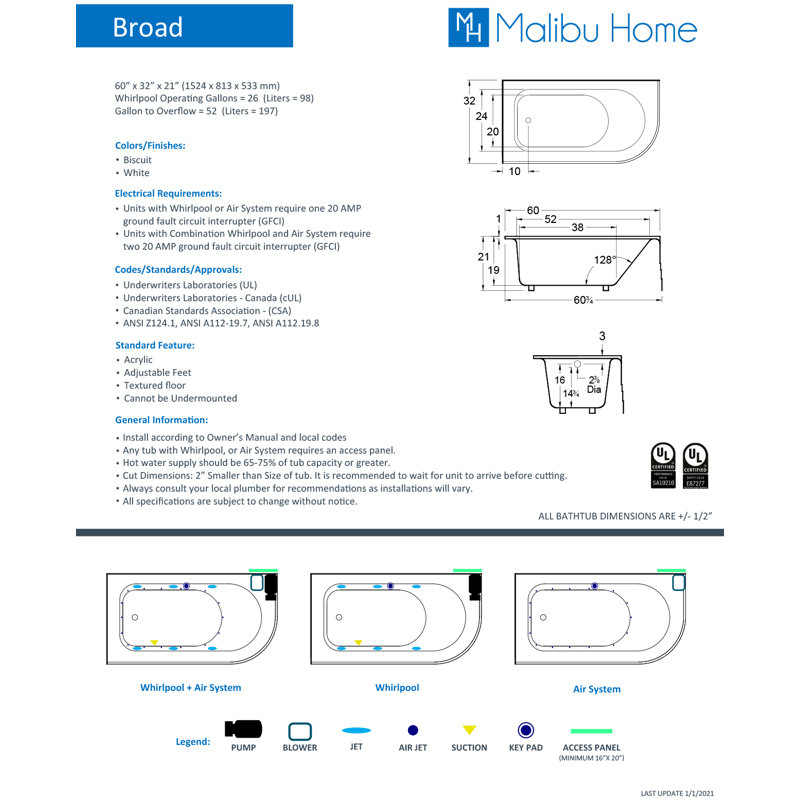 60" x 32" Alcove Soaking Acrylic Bathtub, Biscuit