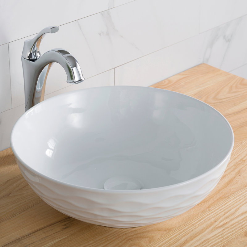 KRAUS Viva Thin Porcelain Ceramic Vessel Bathroom Sink with Pop-Up Drain, White