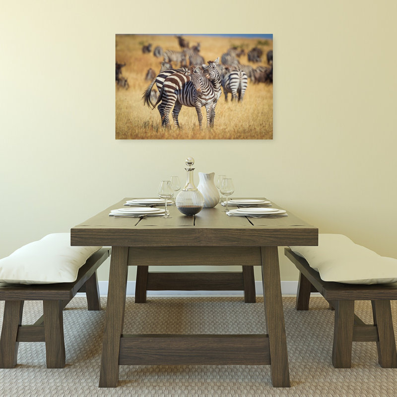 Nuzzling Zebras In Savanna Playful Contemporary Zebra Nature Wildlife Wall Art Print by Jeffrey C. Sink - 1 Piece Wrapped Canvas Wall Art