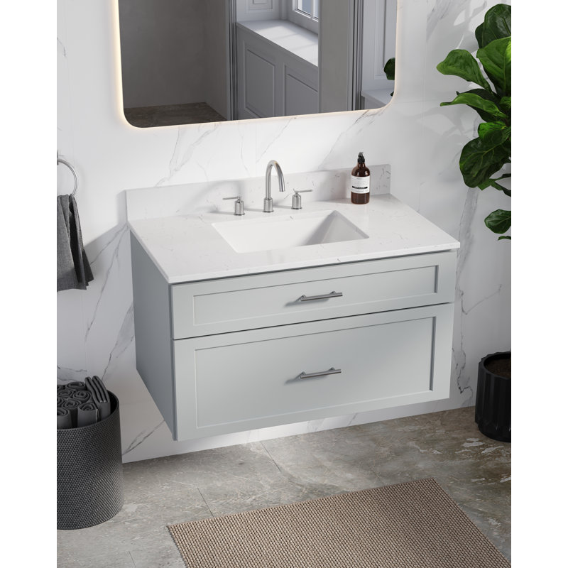 Meuble-lavabo mural flottant simple 36 po avec comptoir en quartz Carrara, Gris