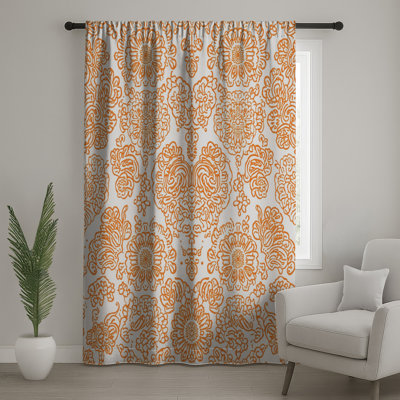Rideaux orange à motif damas et voilages à motif floral orange - 1 panneau