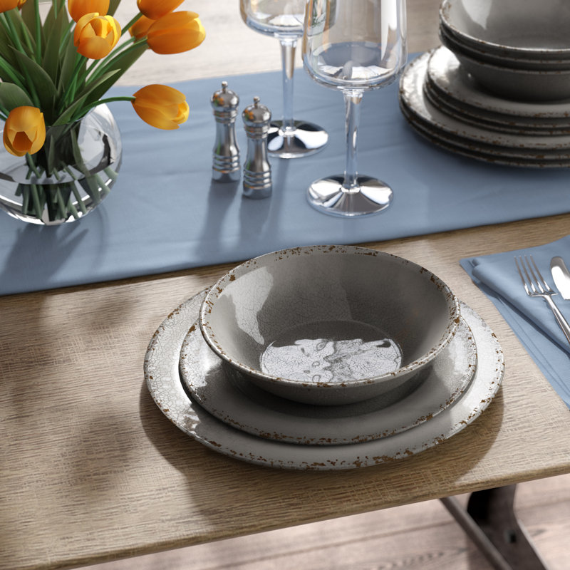 Mauna Gray Crackle Melamine 12-Piece Dinnerware Set, Service for 4