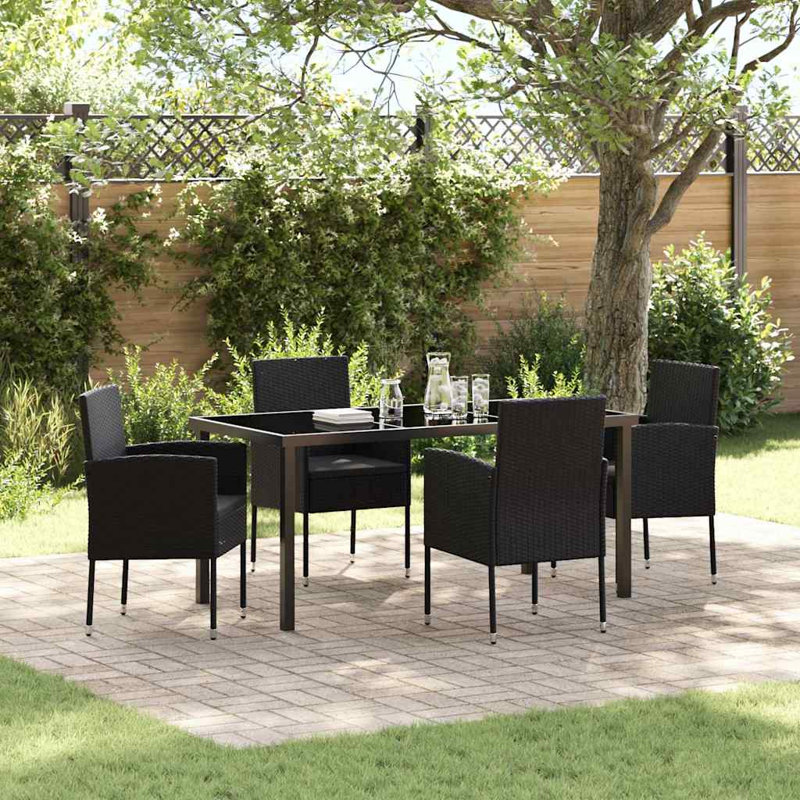  Ensemble de salle à manger de jardin avec coussin 5 pièces en rotin de polyester noir, 28.74" H x 62.99" W x 31.5" D, 4