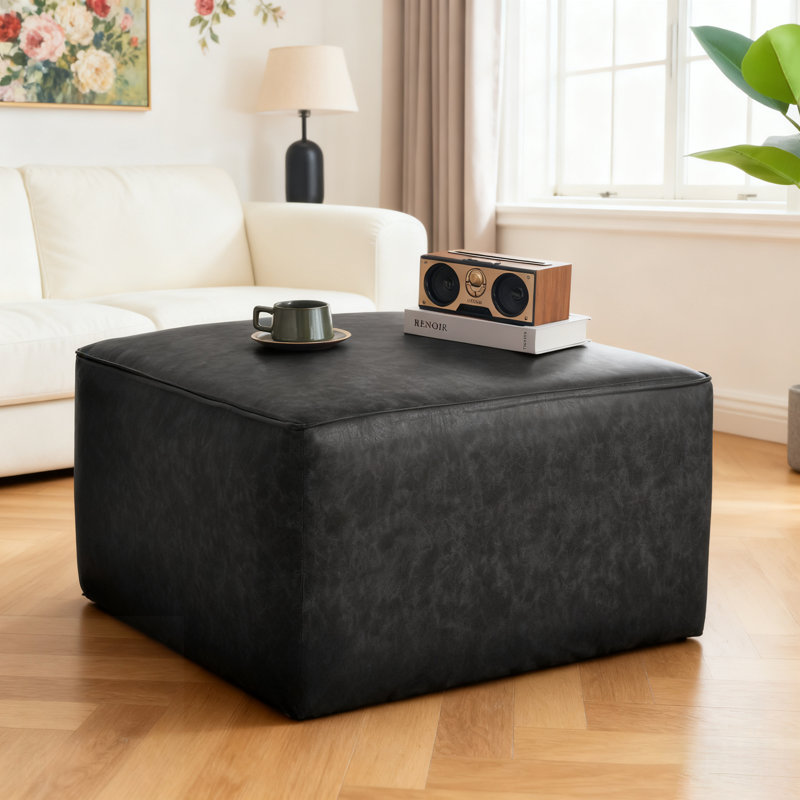 Repose-pieds carré en cuir PU avec rangement caché, parfait pour la vie moderne et le confort d'assise supplémentaire., Noir