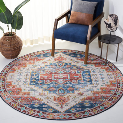 Tucson Vintage Look Machine Washable Non-Slip Area Rug in Rust & Blue