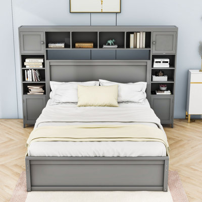 Queen Wooden Bed With Cabinet, Shelves, Drawers and Sockets
