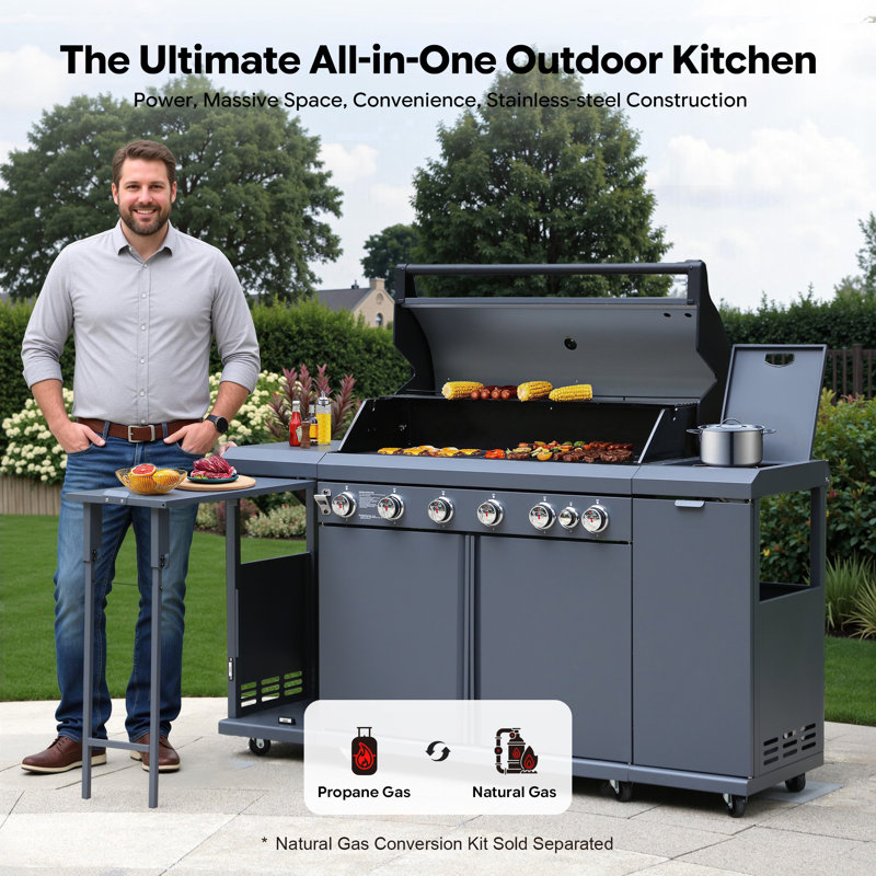 Îlot de cuisine au gaz pour barbecue à 6 brûleurs Brand-Man, convertible GPL / NG, avec brûleur latéral, table pliante et armoires de rangement, 72 000 BTU