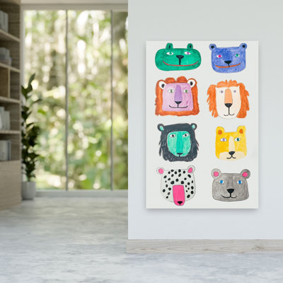 Colorful Animal Faces Colorful Playful Whimsical Bear Frog Lion Wall Art Print by Mathieu - Wrapped Canvas Print