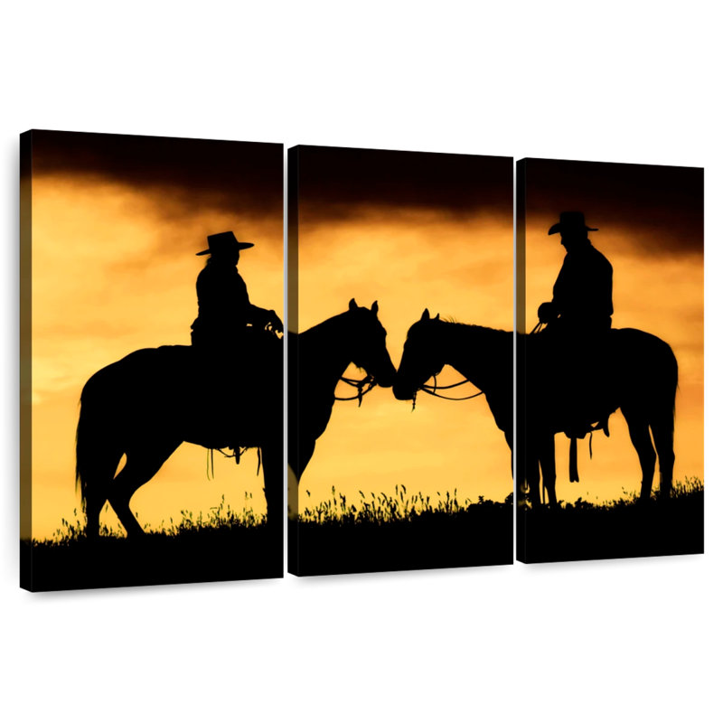 Lelar Cowboy And Cowgirl On Their Horses At Sunset, 28" H x 45" W