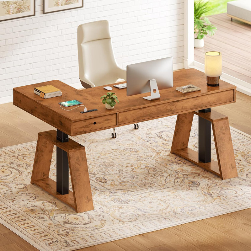 Bureau debout électrique en forme de L avec tiroirs, bureau de direction réglable en hauteur de 59 po avec prises de courant, table d'ordinateur avec support assis pour bureau à domicile, brun rustique