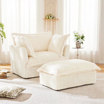 Fauteuil rembourré avec housse avec repose-pieds, fauteuil à assise profonde avec repose-pieds large pour le salon, ensembles de fauteuils avec grands coussins moelleux, tissu velours côtelé crème