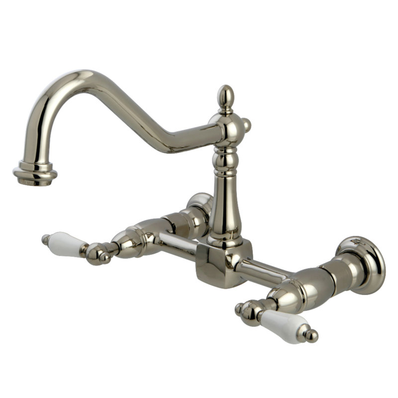 Kingston Brass Heritage Double-Handle 2-Hole Wall-Mount Bridge Kitchen Faucet, Polished Nickel