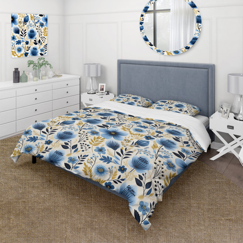 Ensemble de housse de couette Nordic Yellow Blue Garden Dreams II - Floral, Housse de couette pour très grand lit et 2 très