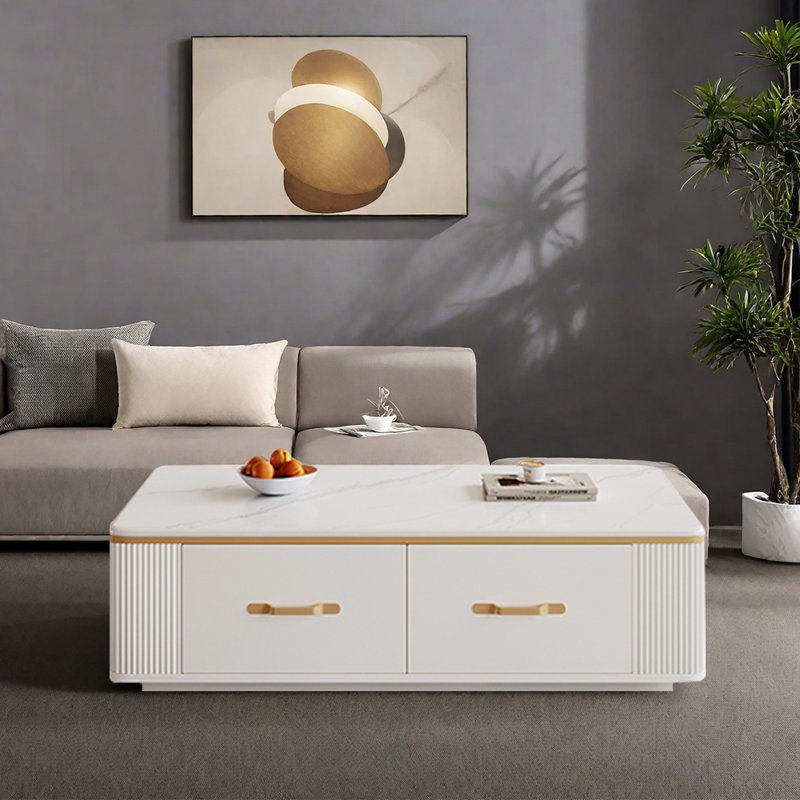Nouvelle table basse sur pied en bois massif, Blanc, H 16,53 po x L 55,11 po x l 31,49 po