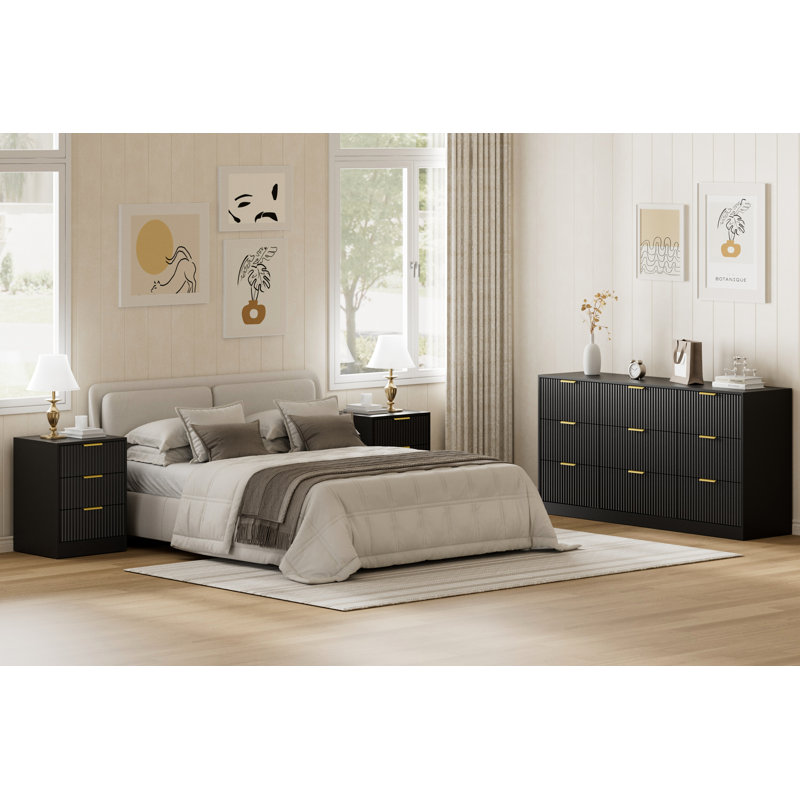 3-Piece 9-Drawer Dresser & 3-Drawer Nightstand Set, Black