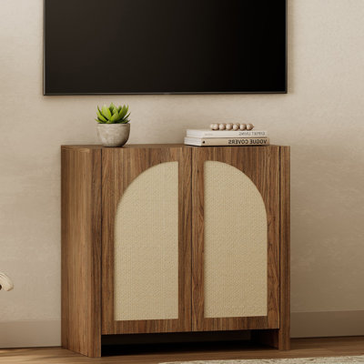Sophia Farmhouse 31.5" W Rattan TV Stand up to 45" TV, Wabi-Sabi Wooden Entertainment Center with Adjustable Shelf and Storage for Living Room, Walnut