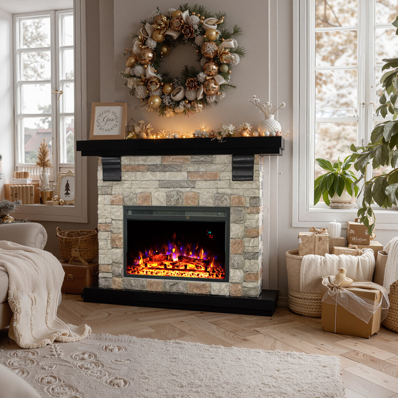 41.3" Electric Fireplace With Mantel,brown, Brown