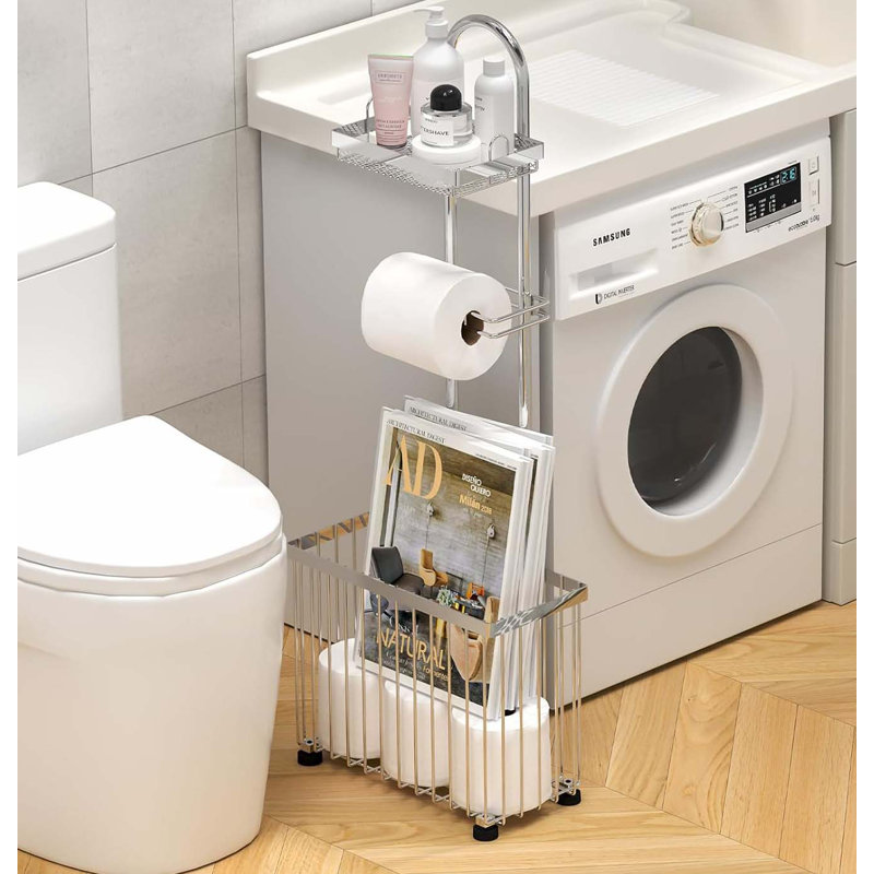 Silver Freestanding Toilet Paper Holder with Storage Shelf
