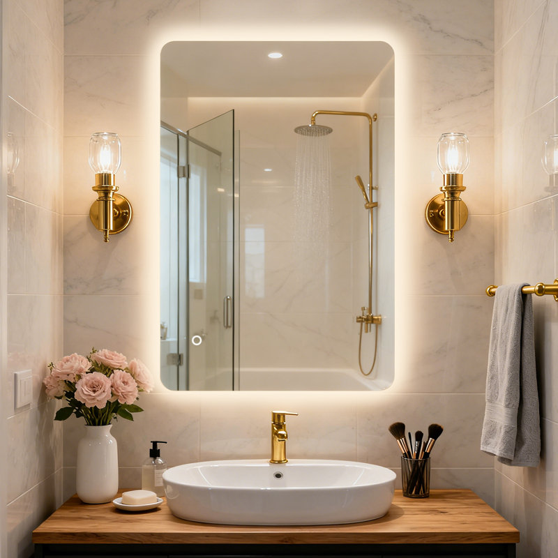 Frameless Bathroom Mirror LED Lighted Dimmable Mirror with Color Adjustable and Memory Function , 36" x 24"