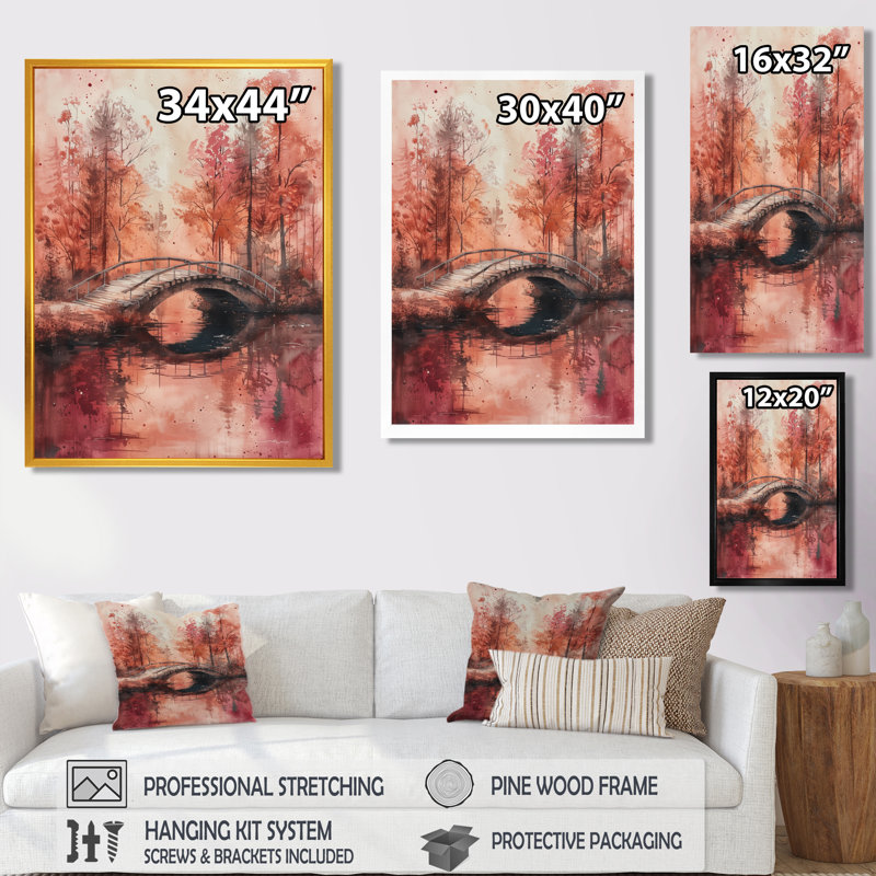 Rose et brun, printemps, pont, rêves, fleurs II, Cadre simple noir, H 16 po x l 32 po