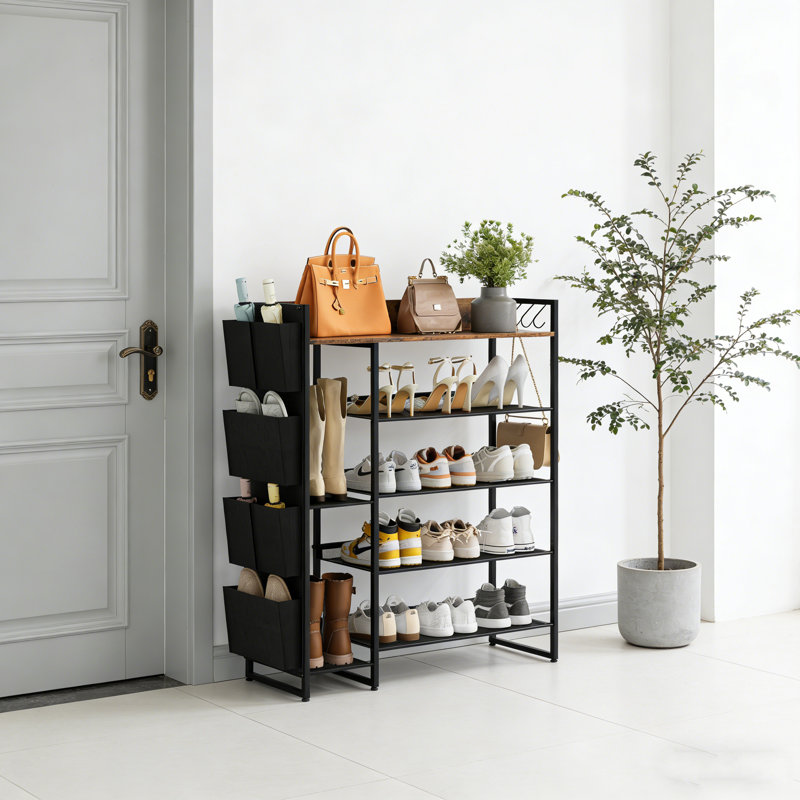 Industrial Style Entryway Shoe Rack Bench With Seat, Freestanding Shoe & Boot Organizer With High-Heel Friendly Shelves