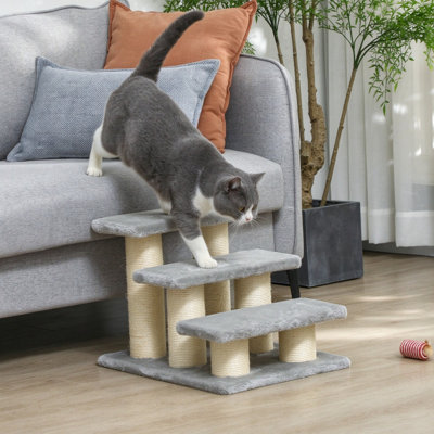 3-Step Pet Stairs Ladder, Cat & Dog Climb Steps with Cat Tree Design, Grey