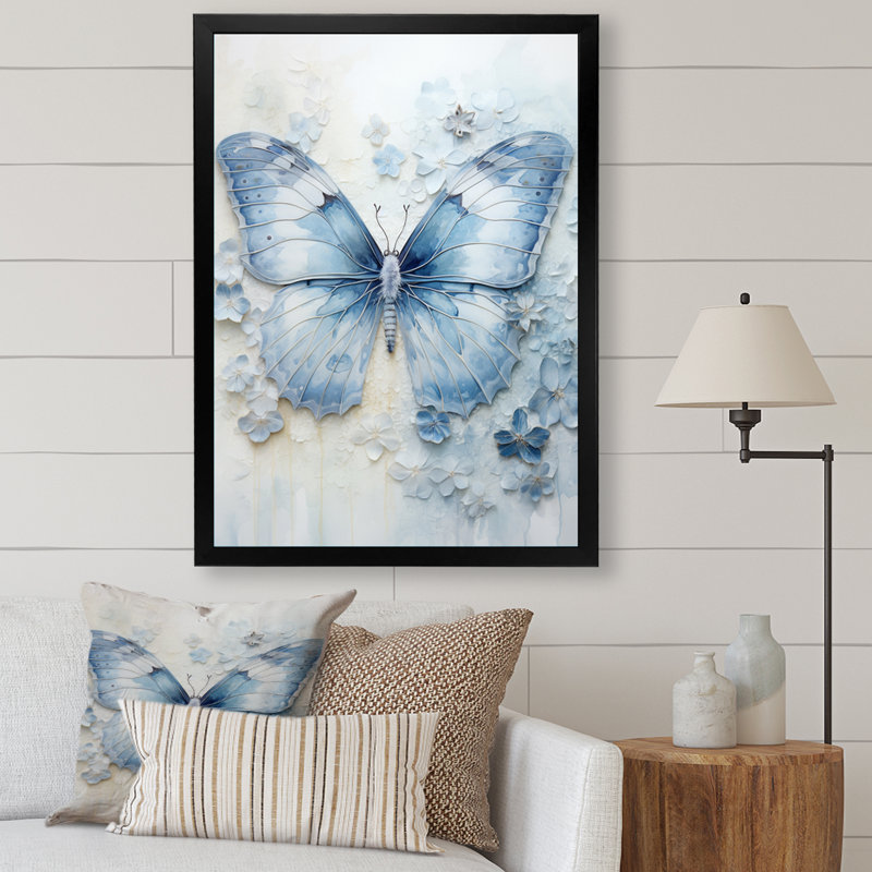 «Blue Butterfly Whispering Wings I», art mural papillon, Cadre simple noir, H 32 po x l 16 po x P 1 po