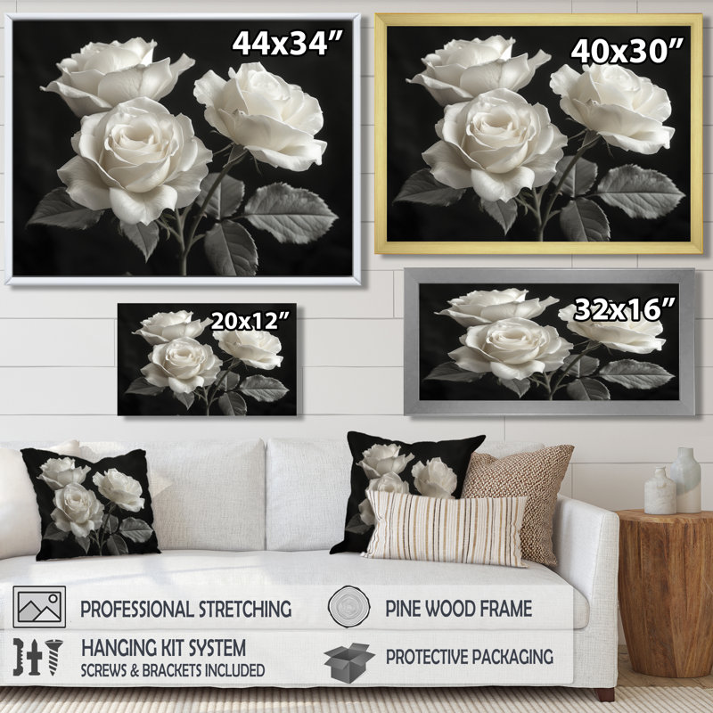 Monochromes en noir et blanc Roses Bloom II - Roses, art mural, Toile tendue, 24" H x 32" W