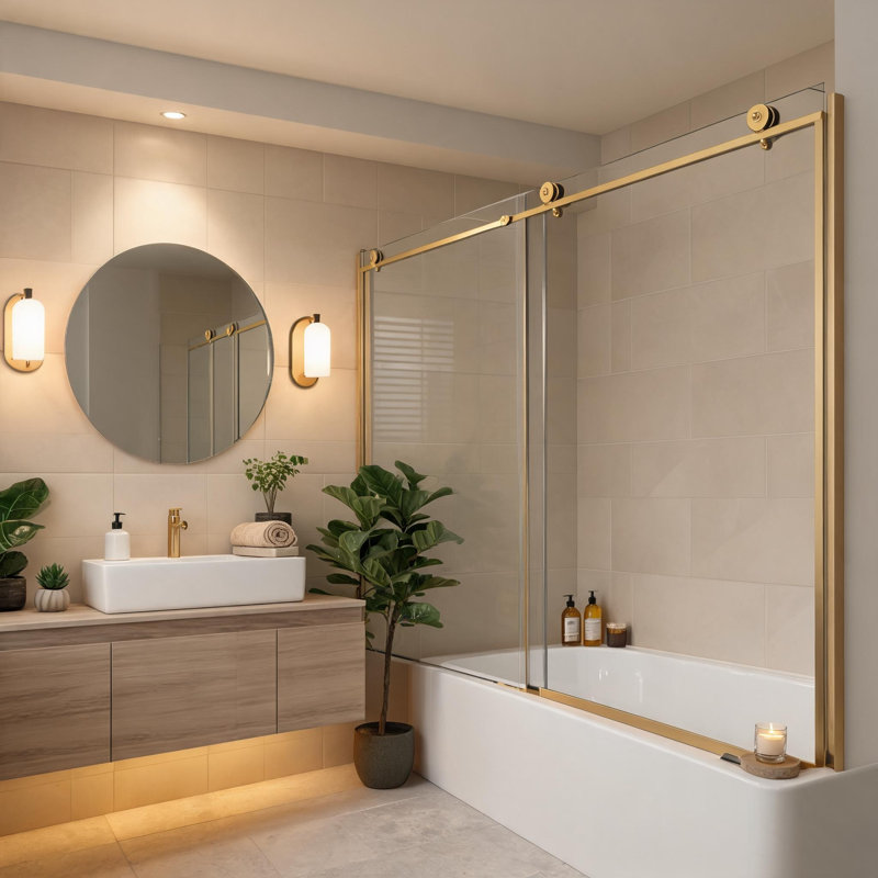 Frameless Sliding Shower Door with Fixed Panel, Brushed Gold Stainless Steel Hardware, Soft Close and Easy Clean Glass