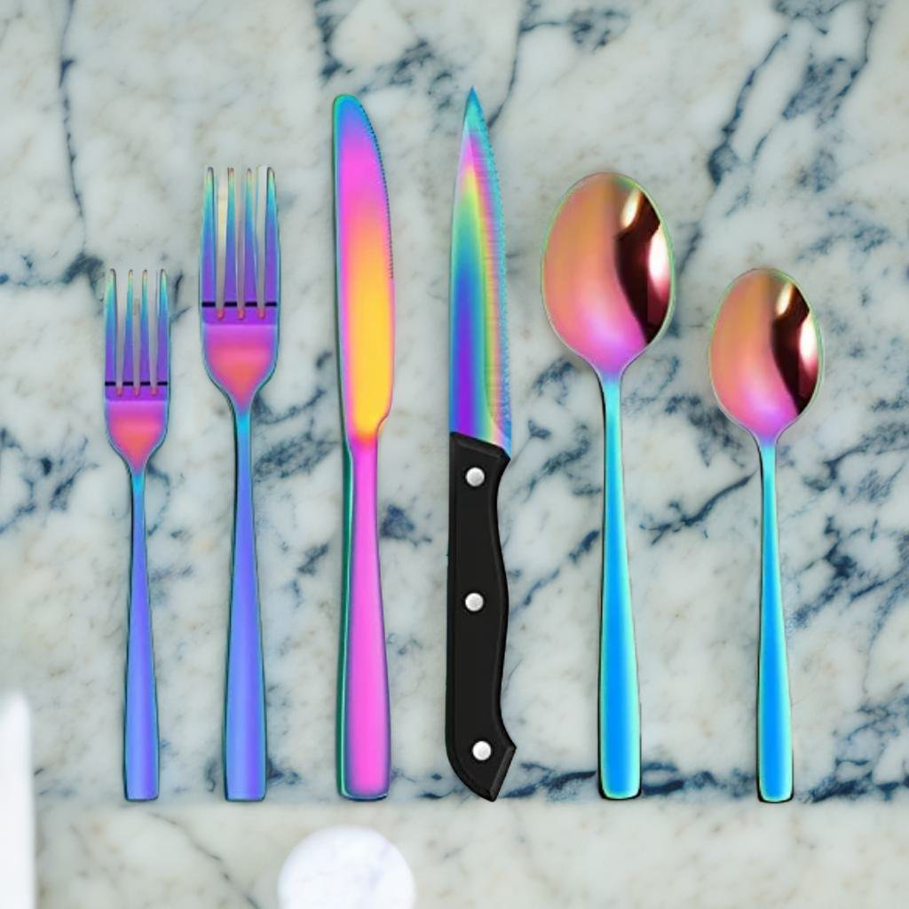 24 Pieces Rainbow Silverware Set with Steak Knives for 4, Stainless Steel Flatware Cutlery Set Orren Ellis
