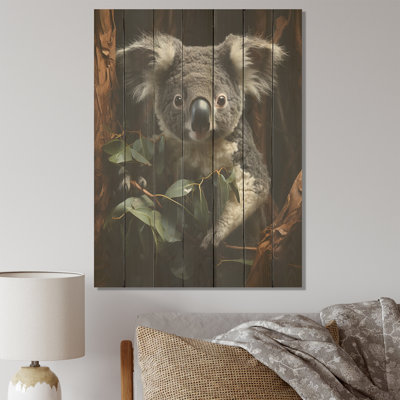 Grey Koala Climber I - Koala Animal On Wood Print