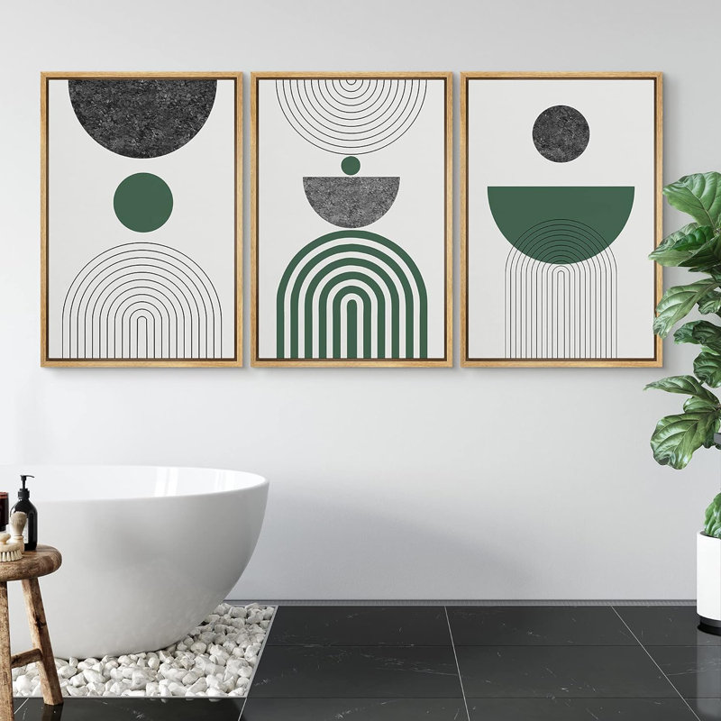 «Mid Century Modern Boho Green Abstract», reproduction sur toile 3 pièces, H 24 po x l 48 po x P 1,5 po, Naturel