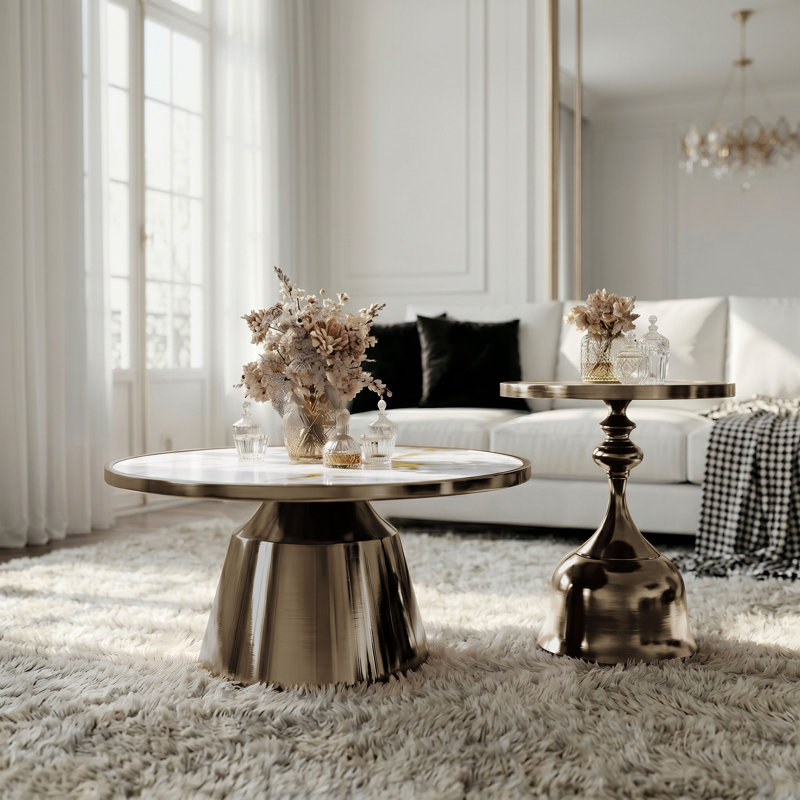 2 - Piece Living Room Table Set, White/Gold, Gold