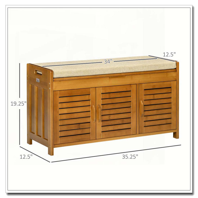 Banc à chaussures avec armoires de rangement, banc d'entrée en bambou avec coussin de siège, 3 portes et compartiment caché pour le couloir, brun