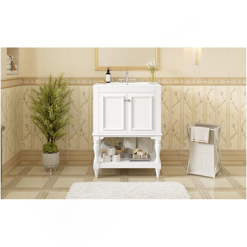 Meuble-lavabo de luxe moderne de 24 po avec lavabo en céramique, meuble de salle de bain avec tablette ouverte et rangement fermé
