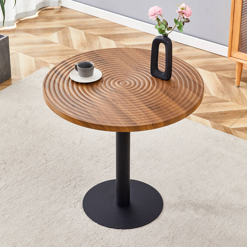 Table de salle à manger ronde à texture annulaire moulée par aspiration, durable et résistante à l'eau., Noir / bois