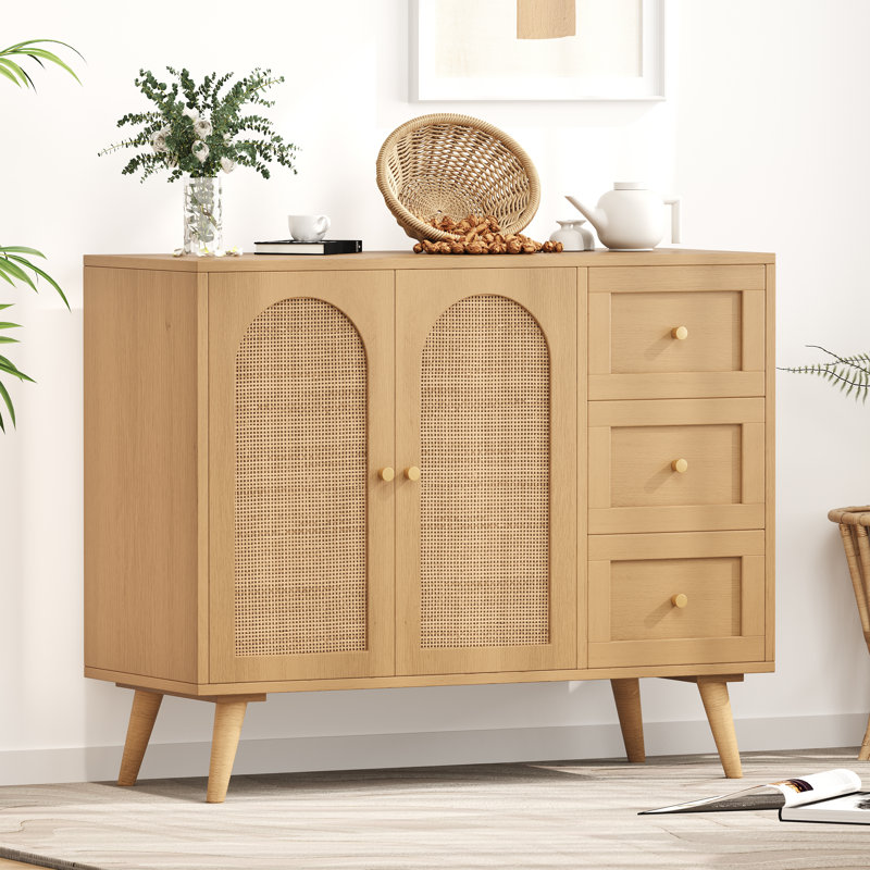 Buffet avec porte et 3 tiroirs, armoire de rangement en rotin pour la salle à manger et le salon 37,4 po Aimani