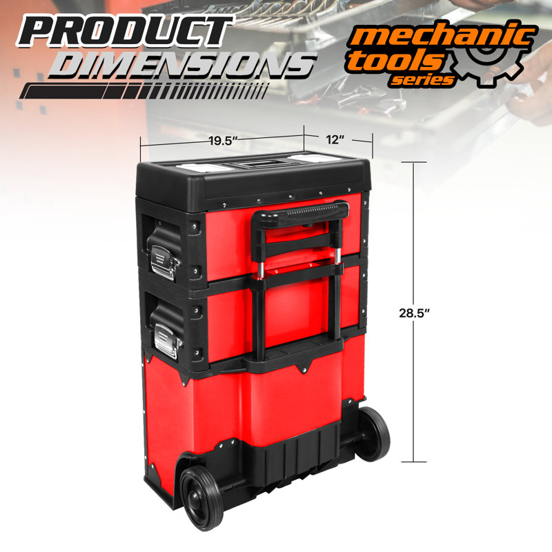 3-In-1 Stackable Tool Box With Wheels, Rolling Hand Case Tool Box Trolley Chest Cabinet With Drawer, Red