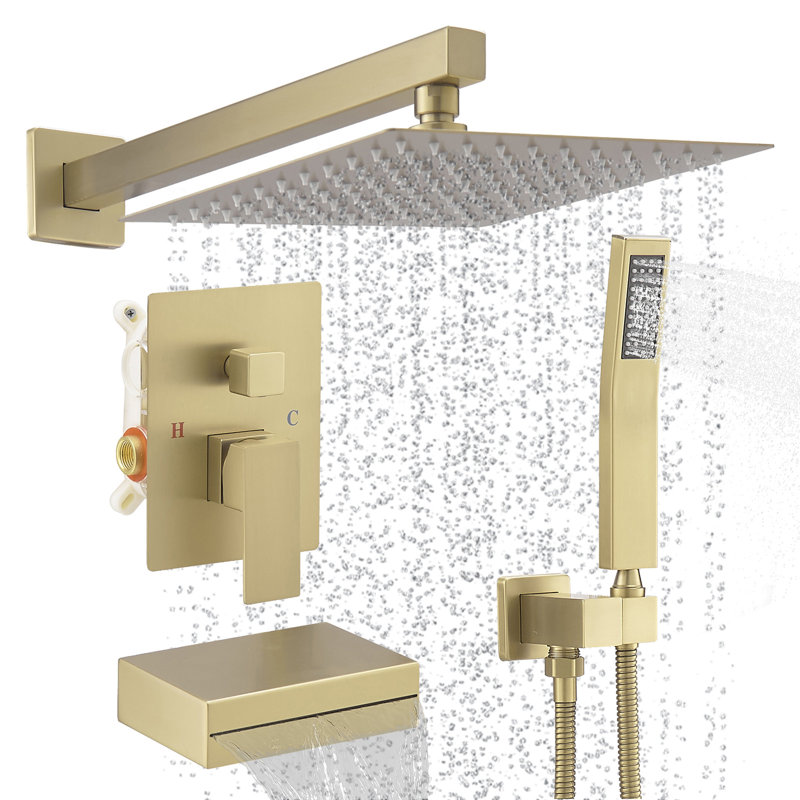 Robinet de baignoire et de douche à poignée simple à 1 jet avec 12 po Pomme de douche et douche à main en or brossé (valve incluse)