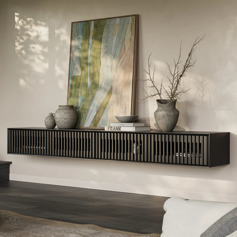 Meuble télé moderne flottant, entièrement assemblé, Noir, 11.02"H x 94.49"W x 15.75"D