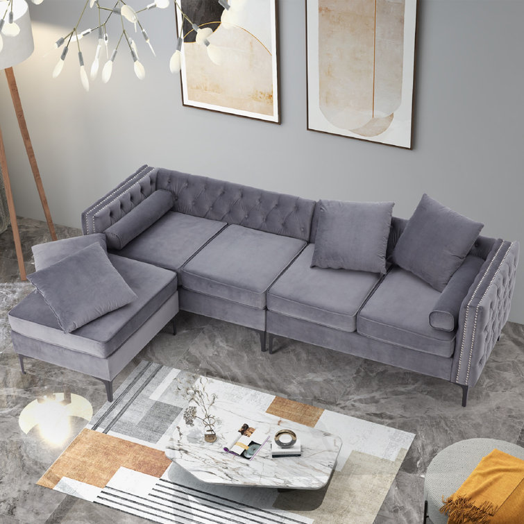 Gronseth 101.6" Velvet Tuxedo Arm Modular Sofa, INCOMPLETE SET