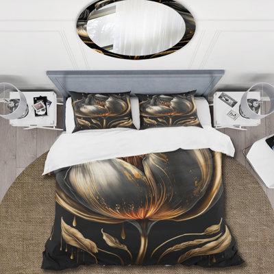Ensemble de housse de couette tulipe noire et dorée - Polyester en microfibre