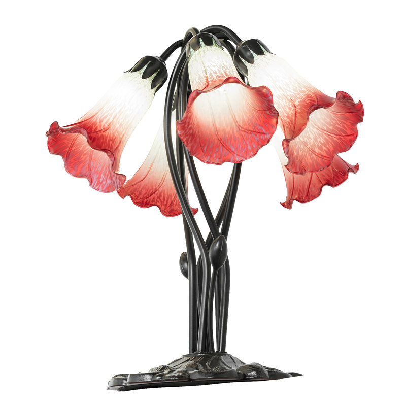 Lampe de table 16 lumières Tiffany Pond Lily 16 po de haut rouge / écume de mer