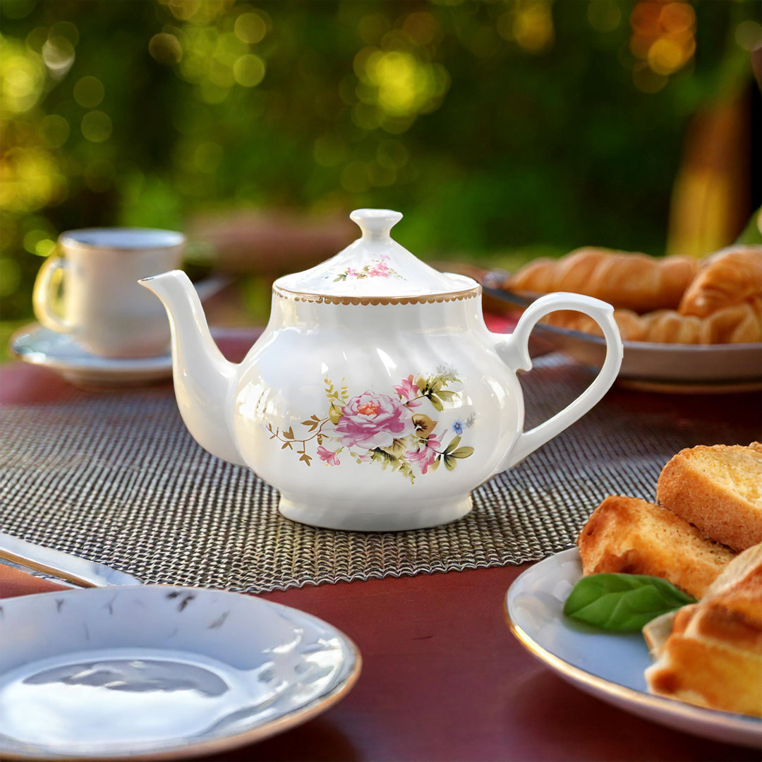 Rabia Rose 1.16 qt. Porcelain China Teapot – White, Rose Accent, With Lid August Grove®